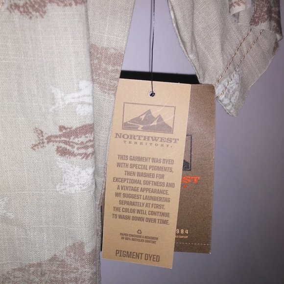 Northwest Territory Button Up Shirt Mens Small Short Sleeve Beige Taupe Fish Pri - Picture 6 of 10